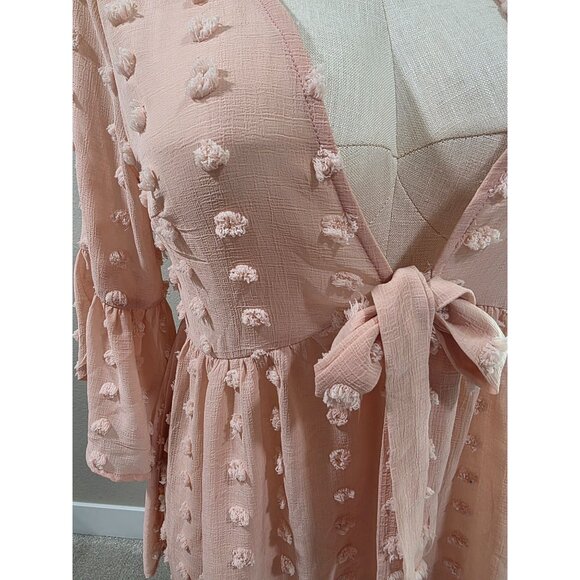 Kori America Pink Swiss Dot Textured Tie-Front Flowy Bell Sleeve Peplum Blouse T - Picture 2 of 5